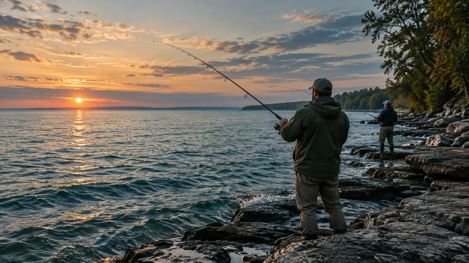 Anglers fishing from the rocky shoreline at sunset